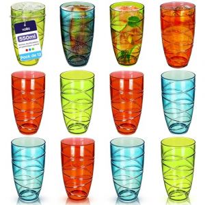 volila Verre à Eau - Pack de 12 Verres Colorés en Plastique (550 ml) Lot de Verres en Plastique Réutilisables - Parfait pour les Fêtes, Piques-niques, Usage Quotidien - Verres Cocktail pour Adultes (Rivero products, neuf)