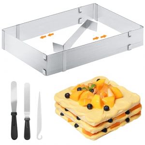 QEEYON Cadre Patisserie Rectangulaire Moule，Reglable Moule à pâtisserie en Acier Inoxydable Moule Rectangulaire Patisserie Cadre de Gâteau avec Séparateurs, Spatule, Convient pour Gâteau, Cuisson (qingyi-eu, neuf)