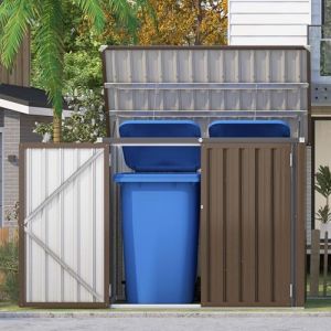 YODOLLA Cache Poubelle Exterieur en M&eacute;tal, Abri pour 2 Poubelles 240L, Rangement Exterieur pour Outils,V&eacute;lo Enfant,150 x 80 x 117.6cm(Brun) (YODOLLA-UK, neuf)