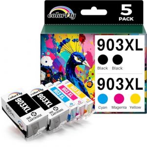colorfly 903XL 903 Cartouche d'encre compatibles pour HP 903 XL avec HP Officejet 6950 6960 Cartouche d'encre avec HP OfficeJet Pro 6960 6970 All-in-One(5 Pack, 2*Noir 1*Cyan 1*Magenta 1*Jaune) (xinlan-shop, neuf)
