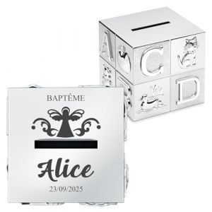 Maverton Tirelire Personnalisée en Forme de Cube - Tirelire Enfant avec Animaux et Lettres - Boite d'épargne Argentée avec Gravure - Urne Anniversaire pour Filles Garçons Bébé - Cadeau Noel - baptême (MAVERTON, neuf)