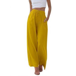 Voqeen Femme Pantalon D'été en Lin Taille Haute Couleur Unie Pantalon de Plage Large Décontracté Taille Élastiquée avec Poches (YCH_GO, neuf)