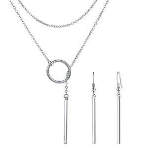FOCALOOK Parure Femme Boucles d'oreilles + Collier Barre Longue 73cm Cercle Ouvert et Pendentif Barre Verticale avec Lasso Plaqué Or Blanc (FOCALOOK JEWELLERY, neuf)