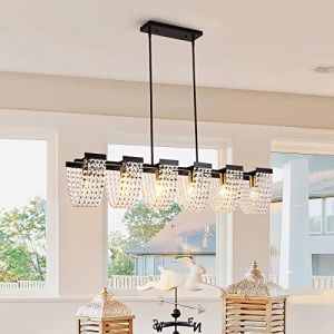Ganeed Cristal Suspension Salle à manger Lustre Îlot de cuisine Décor moderne Éclairage de plafond Fer forgé Lustre suspendu de luxe E27 Noir 6 lumières (Home Lighting Shop, neuf)