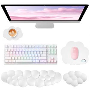 Sushret Repose-Poignet Nuage Clavier, Ensemble 4‑en‑1 Cuir Mousse &agrave; M&eacute;moire, Tapis Souris, Support Ergonomique Avant-Bras et Paume, Bureau & Gaming,Blanc (Sushret-FR, neuf)