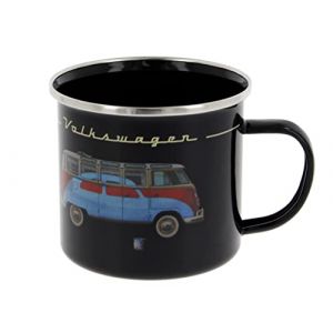 BRISA VW Collection - Volkswagen Grande tasse à café en émail avec des motifs colorés (500ml) (Bus & Coccinelle/Noir) (BRISA Entertainment GmbH, neuf)