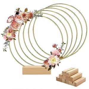 Worown Lot de 6 Cerceau Floral en M&eacute;tal Dor&eacute; 30 cm avec Support en Bois, Cerceau Floral pour Mariage, C&eacute;r&eacute;monie, Anniversaire, F&ecirc;te (Worown FR, neuf)