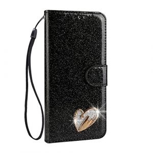 Mo-Somnus Coque Compatible avec Samsung Galaxy S7 Edge [avec Verre Trempé], Glitter Bling Housse en Cuir synthétique avec Support et Cartes Compartiments (Noir) (Mo-Beauty EU Store, neuf)