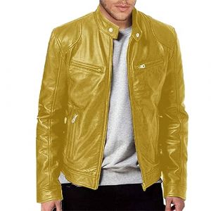 Veste en cuir PU pour homme, noir, couleur unie, blouson de motard, chaud, coupe-vent, avec poches, pour les sports de plein air, style vintage, jaune, L (發財rich EU, neuf)