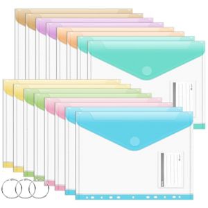 Agoer Lot de 16 pochettes perforées en plastique A4 + avec pochettes perforées, 8 pochettes assorties pour documents, dossiers à 11 trous avec fermeture Velcro pour la maison, le bureau et l'école (Agoer, neuf)