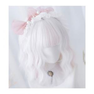 Perruques Perruques synthétiques Double couleur blanc rose 12 pouces, perruques de Cosplay résistantes à la chaleur avec frange, perruque courte naturelle ondulée for femmes Perruques de remplacement (qingyinouzhou, neuf)