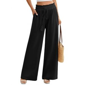 UMIPUBO Pantalon Lin Femme Été Coton Chanvre Décontractés Large Pantalons Fluide Elegant Chic Taille Haute Élastique Pantalon Léger Jogging Pants de Plage avec Poches (Noir, L) (Bukely, neuf)