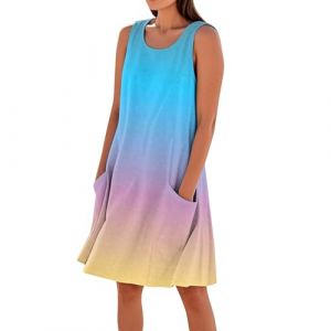 Robe Femme Chic Et Elegant Grande Taille D'&eacute;t&eacute; Robe Fluide Boheme Courte sans Manches Vetement Femme Ete Plage Lin Col Rond Summer Dress Et Ventes Flash Ciel Bleu 3XL (⭐⭐⭐⭐⭐DUIGUN（Livraison 5-14 jours）, neuf)