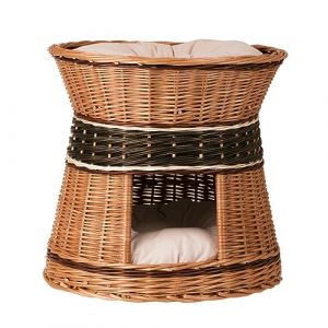 e-wicker24 Panier pour Chat en Osier Naturel, lit en Forme de Grotte, Double pour Chat, Maison pour Chat d'intérieur avec lit sur Le Dessus, Confortable en Osier (48x48x43cm) (e-wicker24, neuf)