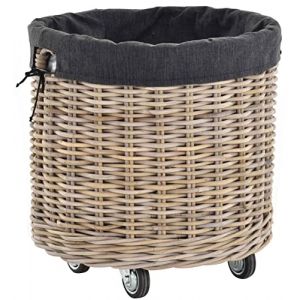 Grand panier à bois avec poignées - Panier à bois avec roulettes en rotin naturel gris - Chariot de rangement - Roulettes - Panier à bûches de cheminée - Panier polyvalent avec coutil (rond petit) (korb.outlet, neuf)