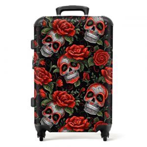 NoBoringSuitcases.com&reg; Valises Grandes Tailles legeres, Bagages en soutes Avion 20-23kg, Moyenne, 65-75 cm rigides, 4 Roues pivotantes &agrave; 360 degr&eacute;s, Poign&eacute;e t&eacute;lescopique, Roses t&ecirc;te de Mort (NoBoringSuitcases, neuf)