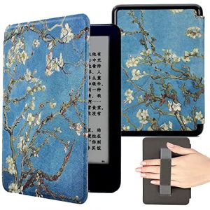 KEROM Étui pour Kindle Paperwhite 6,8" (11e Génération, 2021) et Kindle Paperwhite Signature Edition, Coque Étui de Protection en Cuir avec Dragonne et Veille/Réveil Automatique, Fleur d'amandier (Babyky, neuf)
