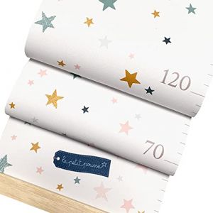Toise murale enfant en toile, à suspendre avec baguettes en bois, inscriptible et pliable pour mesurer votre enfant (Etoiles - rose/vert/camel) (Le Petit Pousse, neuf)