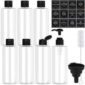 Maxumille 7 Pi&egrave;ces 250ml Flacon Voyage Vide avec Flip Cap, Pompe &agrave; Pousser, Entonnoir, Bouteille Plastique Transparent, Contenants Rechargeables de Voyage pour Shampooing, Gel Douche, Lotion (mingqisheng, neuf)