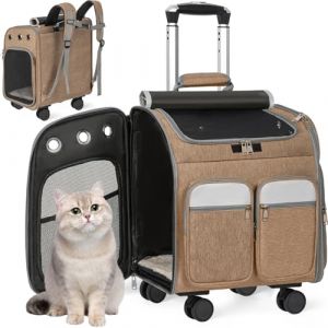 OUUTMEE Avec chariot 2 en 1 à 20 kg, grand sac à dos pour chat, sac de transport avec roulettes, pour chat, chien, lapin, animaux domestiques, sac à dos multifonctionnel, respirant, kaki (OUUTMEE, neuf)