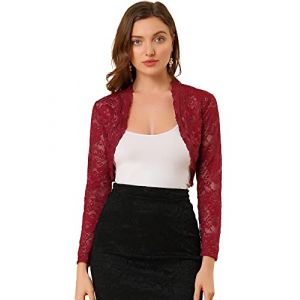 Allegra K Boléro Dentelle Florale Femme Cardigan Court Ouvert Devant à Manches Longues Boléro Élégant pour Invité de Mariage et Cocktail Gilet Court Demi-Transparent Bourgogne S (Weisser Berg, neuf)