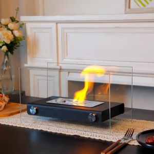 JHY DESIGN Brasero de table avec cheminée en verre double face de 35 cm de long - Cheminée de table portable à combustion propre - Bio éthanol - Sans ventilation - Pour intérieur ou extérieur - Pour (JHY DESIGN, neuf)