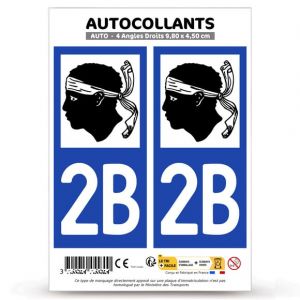 Autocollant Plaque Immatriculation 2 Stickers d&eacute;partement 2B Haute-Corse - Corse en Version Fond Bleu : 9,8 x 4,5 cm (Angles Droits) (blasonimmat, neuf)