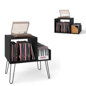 KOMFOTTEU Meuble Platine Vinyle avec Station de Charge, pour jusqu'&agrave; 145 Albums, Support de Tourne-Disque, S&eacute;parateurs et &Eacute;tag&egrave;re lat&eacute;rale, &Eacute;tag&egrave;re de pr&eacute;sentation (Noir) (Komfort GmbH, neuf)