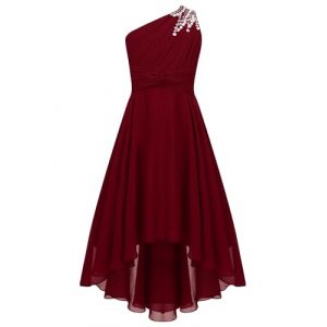 Runhomal Asym&eacute;trique Robe C&eacute;r&eacute;monie Ado Fille Enfant Robe de Cocktail Soir&eacute;e Bal Robes de Demoiselle d&rsquo;Honneur Mariage 5-16 Ans Bourgogne 13-14 Ans (Runhomal EU, neuf)