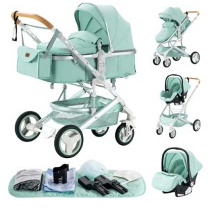 YAZOCO Poussette 3 en1, Compacte Poussette Combin&eacute;Es Anstout Terrain Luxe Haut Paysage Quadruple 0-36kg Pliable Canne B&eacute;b&eacute; Poussettes Confort (Vert) (YAZOCO BRAND STORE, neuf)