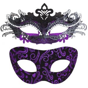 SIQUK 2 Pièces Masque Vénitien Couple Masque Mascarade Vénitien Masque Mascarade Bal Masqué Les Yeux pour Femme Homme Halloween Mascarade Carnaval, Noir & Violet (Siquk EU, neuf)