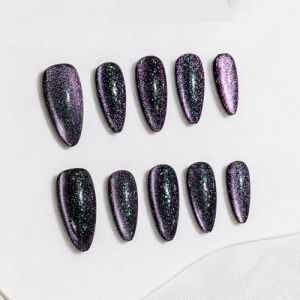 Sun&Beam Nails Ongles artificiels faits main Moyen Amande &agrave; coller en Noir Violet Vert Aimant Couleur unie Minimaliste design avec autocollants &ndash; 10 pi&egrave;ces (#254 S) (Sun&Beam FR, neuf)