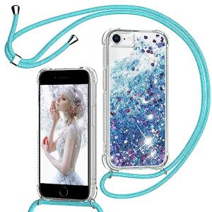 TUUTPU Coque pour iPhone 8/SE 2020/2022/7/6 avec Cordon, Paillette Liquide &Eacute;tui pour T&eacute;l&eacute;phone avec Lani&egrave;re, Transparent Silicone Collier R&eacute;glable Protection Housse Portable Lanyard Case, Bleu (TUUTPU, neuf)