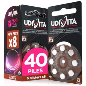 40 Piles Auditives Taille 312 Udivita PR41 (Marron) Zinc-Air Hearing Evolution Technologie Phono Pulse - 5 Blisters de 8 Piles (Eurocali, neuf)