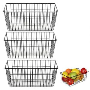 Bhina 3 Pi&egrave;ces Paniers de Rangement en M&eacute;tal Paniers de Rangement en Fil M&eacute;tallique avec Poign&eacute;es Panier Filaire en Fer Creux pour Armoire de Cuisine, Garde-Manger, Placard, Chambre, 28x22x12 cm, Noir (Yaelly, neuf)