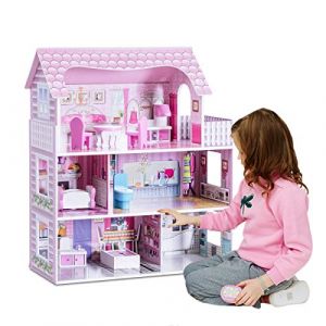 GOPLUS Maison de Poup&eacute;es, Maison de R&ecirc;ve en Bois, Villa Enfant &agrave; 3 Etages et 5 Pi&egrave;ces avec Mobiliers, Jouet de R&ocirc;le, y Compris Cuisine, Chambre, Salle de Bain et Balcon, 61 x 26,5 x 71CM, Rose (Augenstern24, neuf)