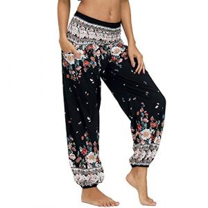 Nuofengkudu Femme Harem Pantalon Sarouel Thaïlandais Hippie Baggy Léger Boho Ethnique Smockée Taille Haute avec Poches Yoga Pants Été Plage ,Floral Blanc,Taille unique (better Life, neuf)