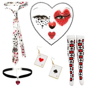 WanderGo Lot de 7 cartes à jouer - Costume de reine de cœur pour femme - Costume de casino - Accessoires avec cartes de poker - Bas autofixants - Cravate - Boucles d'oreilles - Collier ras du cou (Deping, neuf)