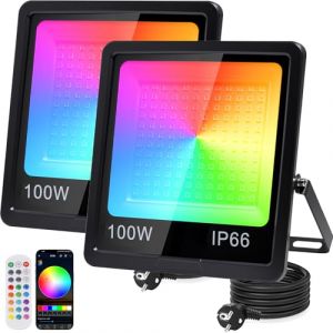 Indmird 100W Projecteur RGB Exterieur, Lot de 2 Projecteurs Led Couleur avec T&eacute;l&eacute;commande 2.4G et Bluetooth APP, &Eacute;tanche IP66 Spot led Rgb Ext&eacute;rieur Pour F&ecirc;te Jardin Halloween (LemonandOrange, neuf)