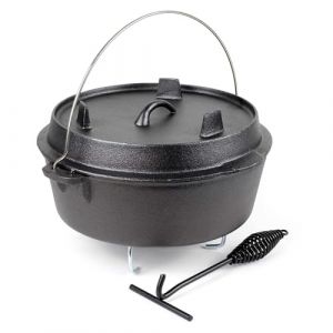Wiltec Dutch Oven Marmite 8L en Fonte Dessous-plat Lève-couvercle Pied de support Fait-tout Pot Cocotte Feu de camp Camping Barbecue Grillade Friture Cuisson Extérieur (Wiltec Wildanger Technik GmbH, neuf)