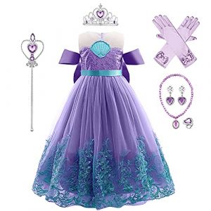 IWEMEK Filles Petite Sirène Ariel Costume Conte De Poisson Princesse Robe avec Accessoires Enfants Contes de Fées Halloween Carnaval Déguisements Tenues Robes de fête Violet Coquillage Set 7-8 Ans (IWEMEK, neuf)