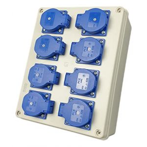 RoadEu Coffret de distribution mural 230V &ndash; 8x prises 16A avec terre &ndash; IP44 pr&eacute;c&acirc;bl&eacute; &ndash; Bo&icirc;tier mural pour int&eacute;rieur & ext&eacute;rieur &ndash; Tableau de chantier robuste pour atelier, garage, bricolage (RoadEu, neuf)