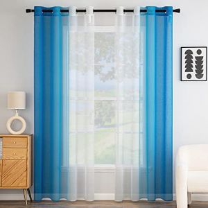 EMEMA Rideau Voilage Rideaux Dégradé à Oeillet Voilages Intérieur Fenêtre en Polyester Couleur Changée Voile Transparent Décor pour Salon Chambre Bureau Lot de 2, 140x215 CM Bleu Profond (EMEMA HOME, neuf)