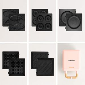 CREATE/STONE STUDIO/Appareil à croque-monsieur Rose pastel / 5 plaques interchangeables: Sandwich-grill, Gaufre, Taiyaki, Pancakes et Donuts, antiadhésif, ouverture à 100º, arrêt automatique, 600W (CREATE, neuf)