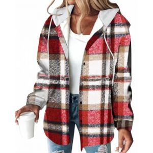 Minetom Veste a Carreaux Femme Chaud Doublure Polaire Sweat &agrave; Capuche Manches Longues Hoodie avec Boutons Automne Hiver Manteau A Rouge M (Mon Bon Coup FR, neuf)