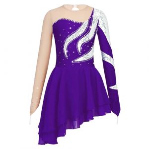 dPois Asymétrique Robe de Patinage Artistique Enfant Fille Paillettes Robe Danse Classique Manches Longues Brillant Strass Justaucorps Gymnastique Gym Ballet 5-16 Ans Violet 5-6 Ans (dPois eu, neuf)