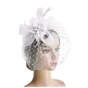 Chapeau bibi vintage pour femme - Style r&eacute;tro ann&eacute;es 50 - Plume - Avec voile en maille - Accessoire pour carnaval, cocktail, mariage - Blanc - Taille unique (jksmyx, neuf)