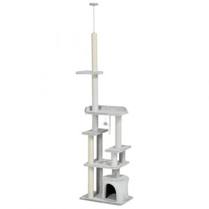 Arbre à Chat PawHut, Arbre à Chat du Haut du Plafond, Arbre à Chat, 225-255 cm, Arbre à Grimper avec Balle de Jeu, Caverne pour Chats, Escalier pour Chats, Meuble pour Chats, Gris Clair (AOSOM-DE, neuf)