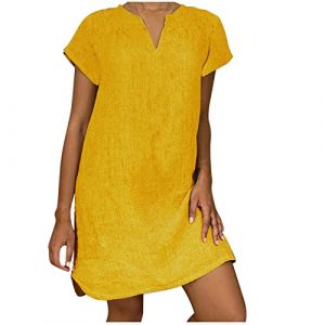 Robe d'été en lin pour femme - Robe midi décontractée à manches courtes - Robe en coton - Col en V - Robe tunique grande taille - Robe d'été trapèze - Robe de plage quotidienne, Jaune (01), 3XL (iNSe 51%, neuf)