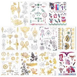 Qpout 150pcs Tatouages Temporaires métalliques pour femmes filles, tatouage de conception de paillettes d'or argent, bijoux totem tribal papillon fleur plume tatouage imperméable (Mopyt, neuf)